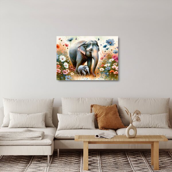 Üveg kép - Elefánt mama, akvarell (70x50 cm)