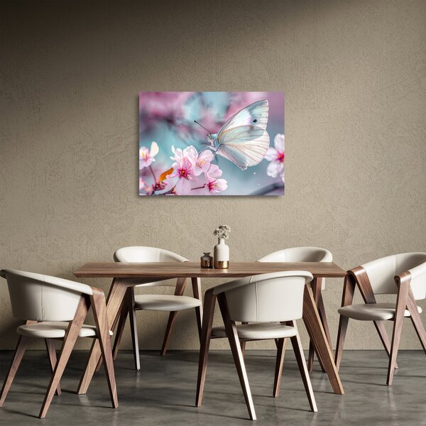 Üveg kép - Pillangó a cseresznyefán (70x50 cm)