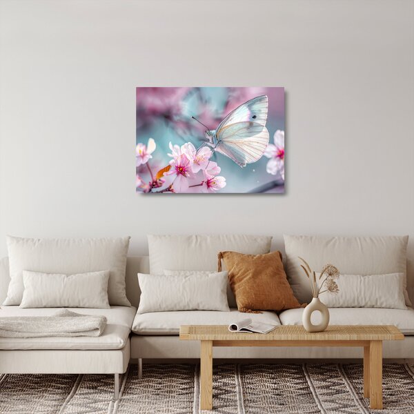 Üveg kép - Pillangó a cseresznyefán (70x50 cm)