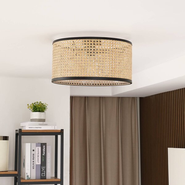 Lindby Yaelle mennyezeti lámpa, Ø 40 cm, rattan, fekete, E27, dimmelhető, Világos fa, Nappali / Étkező, Fa, Vidéki otthon / Rusztikus