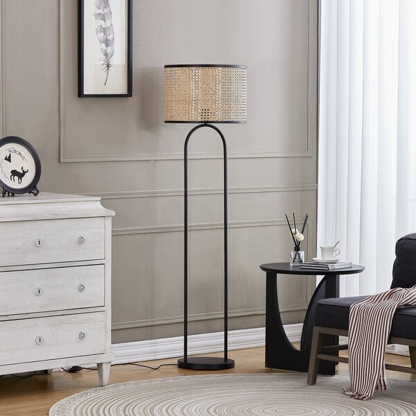 Lindby állólámpa Yaelle, 146 cm magas, rattan, fekete, E27, Világos fa, Nappali / Étkező, Fa, Skandináv