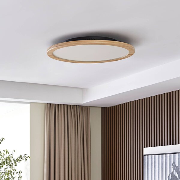 Lucande LED mennyezeti lámpa Joren, Ø 48 cm, fa, CCT, távirányítós, dimmelhető, Világos fa, Nappali / Étkező, Fa, Vidéki otthon / Rusztikus