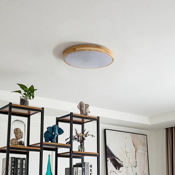 Lindby Smart LED mennyezeti lámpa Innes fa Ø39cm RGB CCT Tuya Tuya, dimmelhető, Világos fa, Nappali / Étkező, Fa, Modern