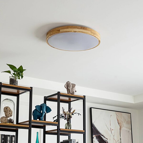 Lindby Smart LED mennyezeti lámpa Innes fa Ø51cm RGB CCT Tuya Tuya, dimmelhető, Világos fa, Nappali / Étkező, Fa, Modern