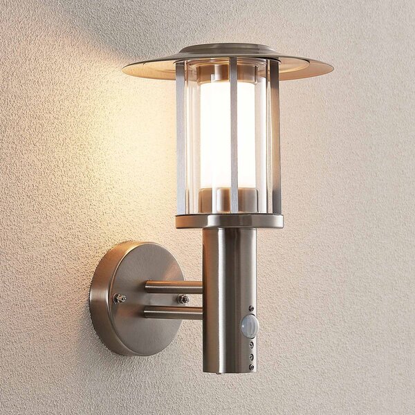 Lindby LED kültéri falilámpa Gregory, érzékelő, rozsdamentes acél, IP44, Alu / szürke / cink, Rozsdamentes acél, Modern