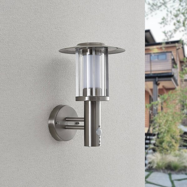 Lindby LED kültéri falilámpa Gregory, érzékelő, rozsdamentes acél, IP44, Alu / szürke / cink, Rozsdamentes acél, Modern