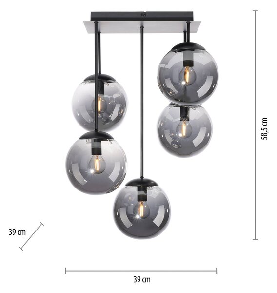 JUST LIGHT. GmbH Mennyezeti lámpa Big Widow, üveggömbök, ötlángú, dimmelhető, Fekete, Nappali / Étkező, fém, Modern