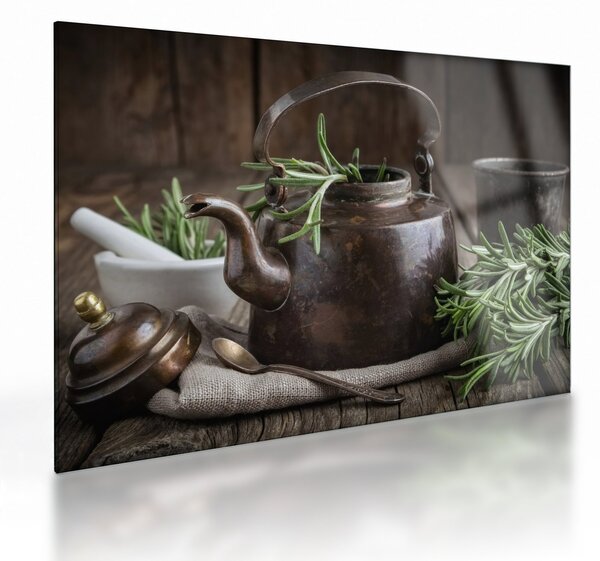 Üveg kép - Teáskanna rozmaringgal (70x50 cm)