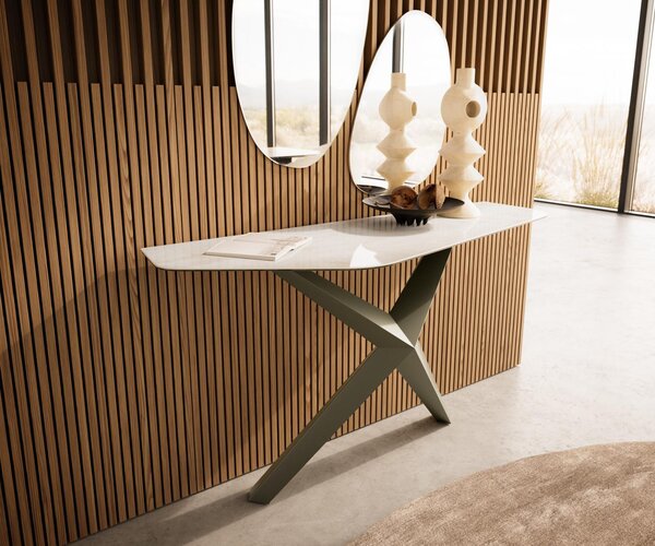 DELIFE Konzolasztal Edge polygonális 140x50 cm kerámia ónix pezsgő Zentharo fém titán effekt finish
