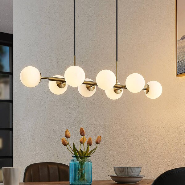 Lindby függőlámpa Kiamo, 83 cm, sárgaréz, fehér, üveg, G9, dimmelhető, Fehér / opál, Nappali / Étkező, fém, Modern