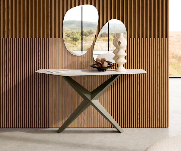 DELIFE Konzolasztal Edge polygonális 140x50 cm kerámia ónix pezsgő Zentharo fém titán effekt finish
