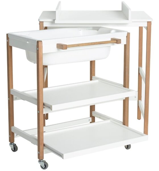 Fehérre lakkozott pelenkázóasztal káddal Quax Smart bükkfa talppal 82 x 91 cm