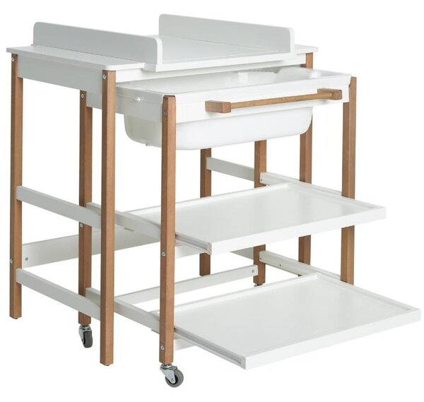 Fehérre lakkozott pelenkázóasztal káddal Quax Smart bükkfa talppal 82 x 91 cm