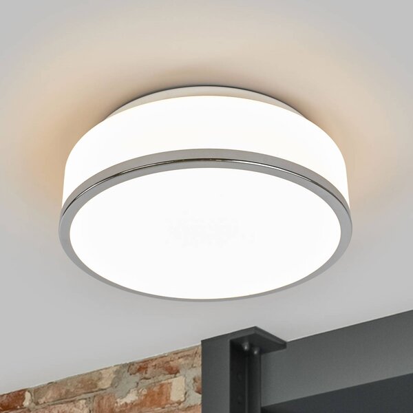 Searchlight IP44-es mennyezeti lámpa, Ø 28cm, króm, süllyesztve, dimmelhető, Fehér / opál, Fürdőszoba, Üveg, Modern