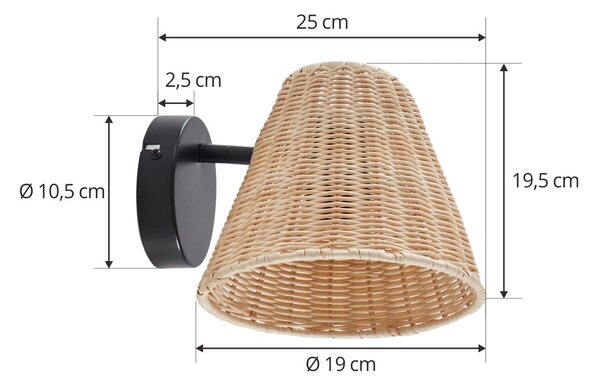 Lindby fali lámpa Zyralia, fa színű, rattan, 19,5 cm magas, dimmelhető, Nappali / Étkező, Fa, Vidéki otthon / Rusztikus
