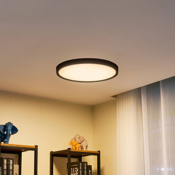 Lindby Smart LED mennyezeti lámpa Pravin, Ø 50 cm, CCT, fekete, dimmelhető, Fekete, Nappali / Étkező, Műanyag, Modern