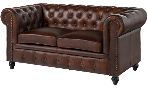 CAMBRIDGE Chesterfield 2 üléses kanapé, valódi bőr, 158x82x76 barna