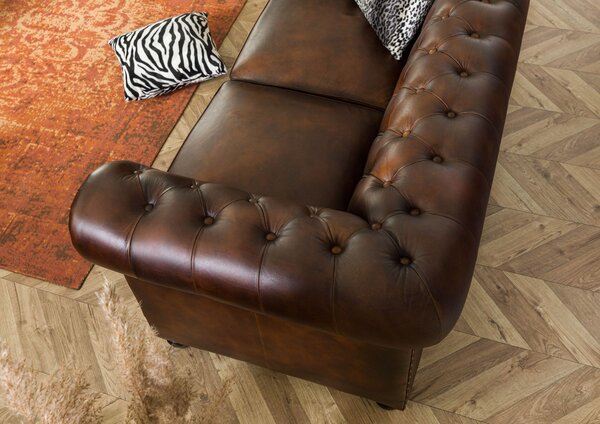 CAMBRIDGE Chesterfield 2 üléses kanapé, valódi bőr, 158x82x76 barna