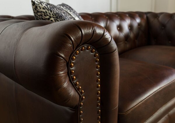 CAMBRIDGE Chesterfield 2 üléses kanapé, valódi bőr, 158x82x76 barna