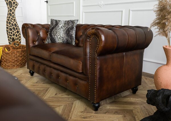 CAMBRIDGE Chesterfield 2 üléses kanapé, valódi bőr, 158x82x76 barna