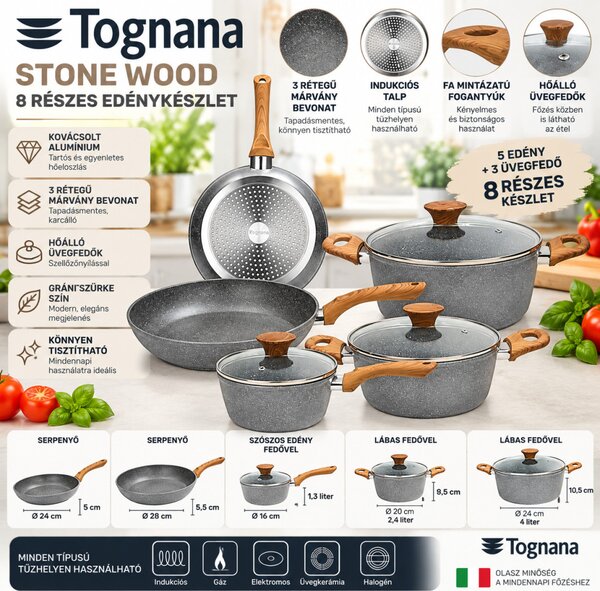 TOGNANA Stone&wood 8 részes indukciós edénykészlet szürke kőhatású fa mintázatú fogantyúkkal