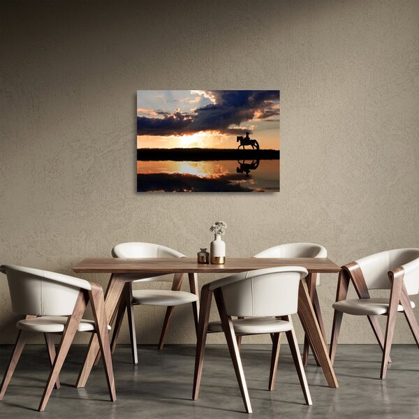 Üveg kép - Lovas egy lovon naplementében (70x50 cm)