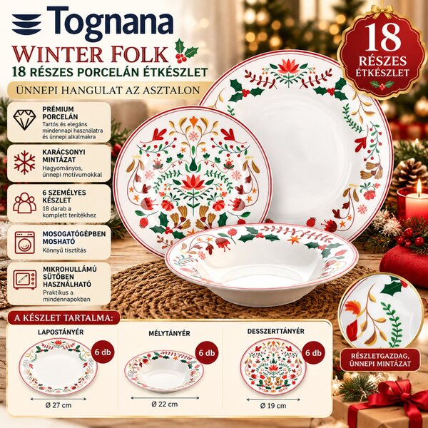 TOGNANA Winter Folk 18 részes karácsonyi porcelán étkészlet
