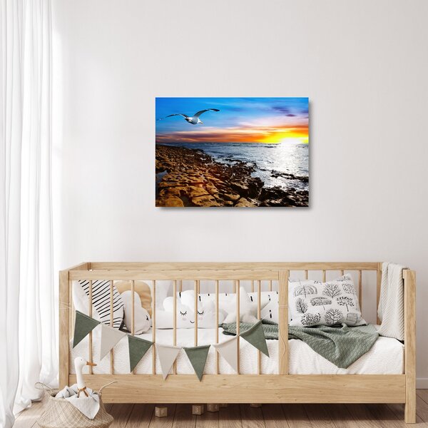 Üveg kép - Sirály repül a tengerpart felett (70x50 cm)