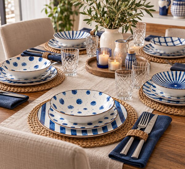 Tognana Moon Blue Mirage 18 részes porcelán étkészlet 6 személyes kék-fehér geometrikus mintás