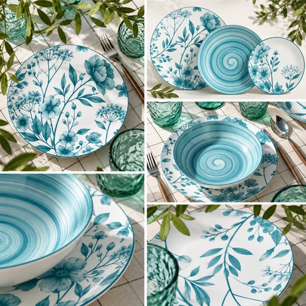 Tognana Coralie Teal 18 részes porcelán étkészlet 6 személyes virágmintás türkizkék