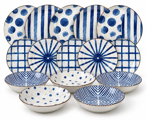 Tognana Moon Blue Mirage 18 részes porcelán étkészlet 6 személyes kék-fehér geometrikus mintás
