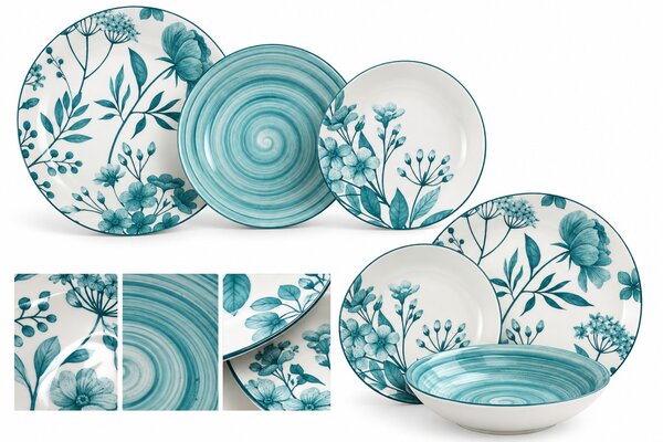 Tognana Coralie Teal 18 részes porcelán étkészlet 6 személyes virágmintás türkizkék