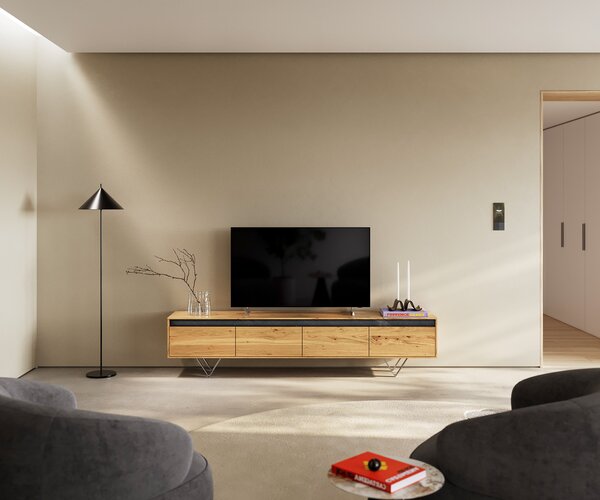 DELIFE Design TV szekrény Stonegrace 200 cm tölgy természetes pala 4 fiókos V láb rozsdamentes acélból