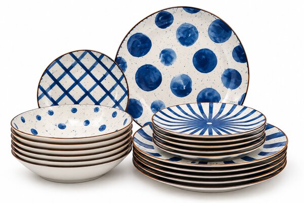 Tognana Moon Blue Mirage 18 részes porcelán étkészlet 6 személyes kék-fehér geometrikus mintás