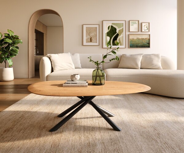 DELIFE Dohányzóasztal Edge ovális 140x75 cm tölgy természetes kerek él Sarity fém fekete