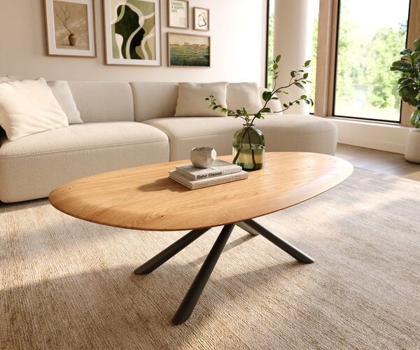 DELIFE Dohányzóasztal Edge ovális 140x75 cm tölgy természetes kerek él Sarity fém fekete