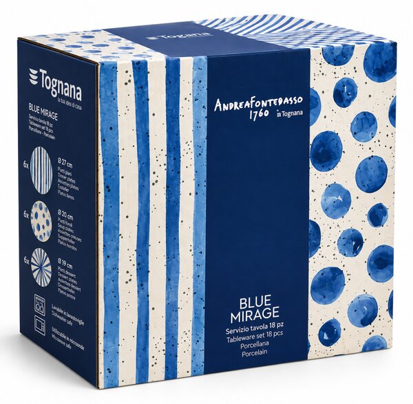 Tognana Moon Blue Mirage 18 részes porcelán étkészlet 6 személyes kék-fehér geometrikus mintás