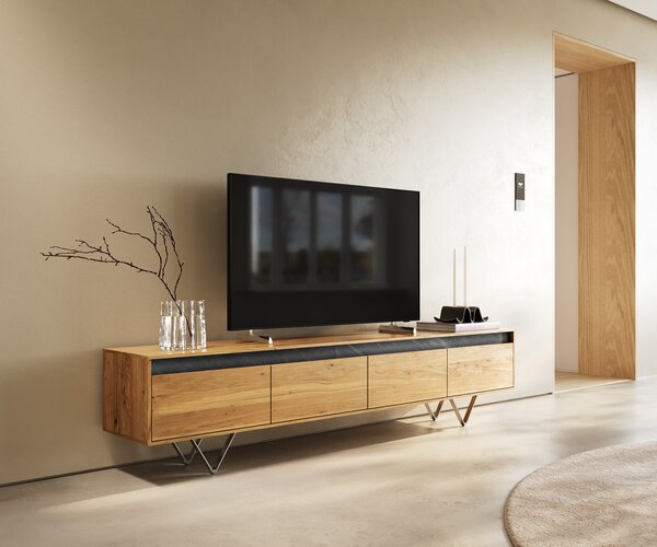 DELIFE Design TV szekrény Stonegrace 200 cm tölgy természetes pala 4 fiókos V láb rozsdamentes acélból