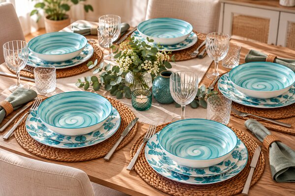 Tognana Coralie Teal 18 részes porcelán étkészlet 6 személyes virágmintás türkizkék
