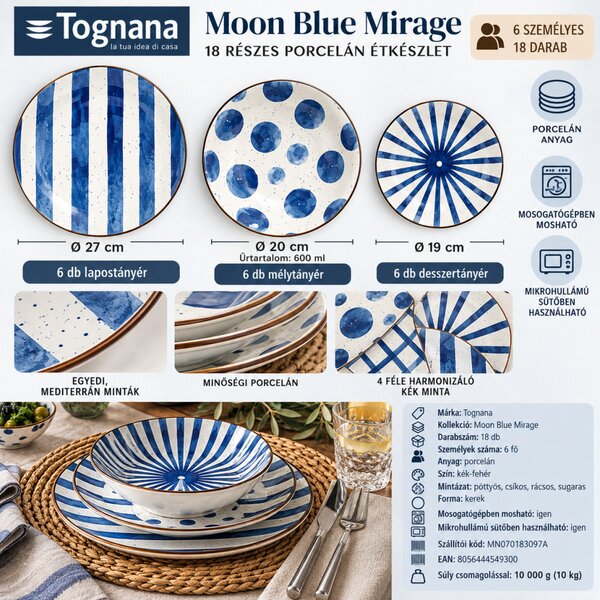 Tognana Moon Blue Mirage 18 részes porcelán étkészlet 6 személyes kék-fehér geometrikus mintás