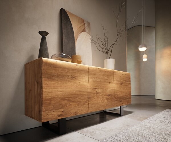 DELIFE Komód New Live-Edge 145 cm tölgy természetes 3 ajtós fém fekete vékony lábazattal