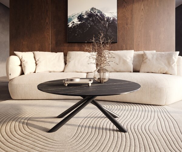 DELIFE Dohányzóasztal Edge kerek 100x100 cm Laminam® kerámia Noir Desir barna Sarity fém fekete