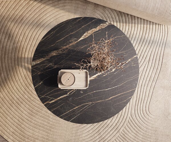DELIFE Dohányzóasztal Edge kerek 100x100 cm Laminam® kerámia Noir Desir barna Sarity fém fekete