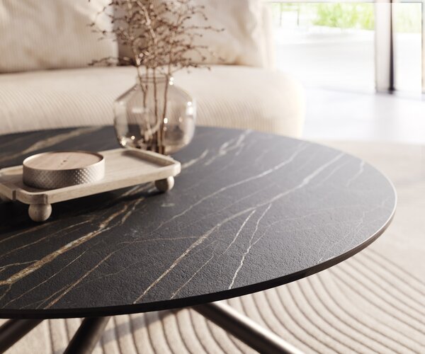 DELIFE Dohányzóasztal Edge kerek 100x100 cm Laminam® kerámia Noir Desir barna Sarity fém fekete