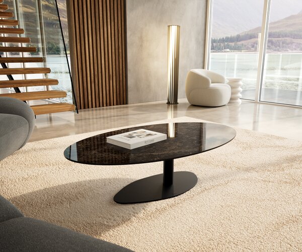 DELIFE Dohányzóasztal Edge ovális 140x80 cm kerámia Laminam® Emperador Extra Lucidato sötétbarna Vibany fém fekete