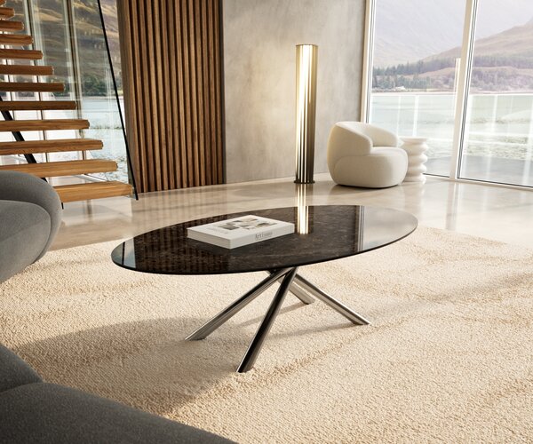 DELIFE Dohányzóasztal Edge ovális 140x80 cm kerámia Laminam® Emperador extra fényes sötétbarna Sarity rozsdamentes acél szálcsiszolt