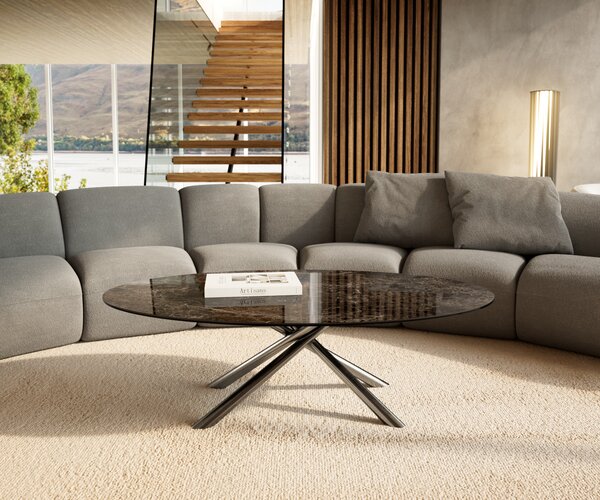 DELIFE Dohányzóasztal Edge ovális 140x80 cm kerámia Laminam® Emperador extra fényes sötétbarna Sarity rozsdamentes acél szálcsiszolt