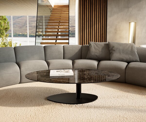 DELIFE Dohányzóasztal Edge ovális 140x80 cm kerámia Laminam® Emperador Extra Lucidato sötétbarna Vibany fém fekete