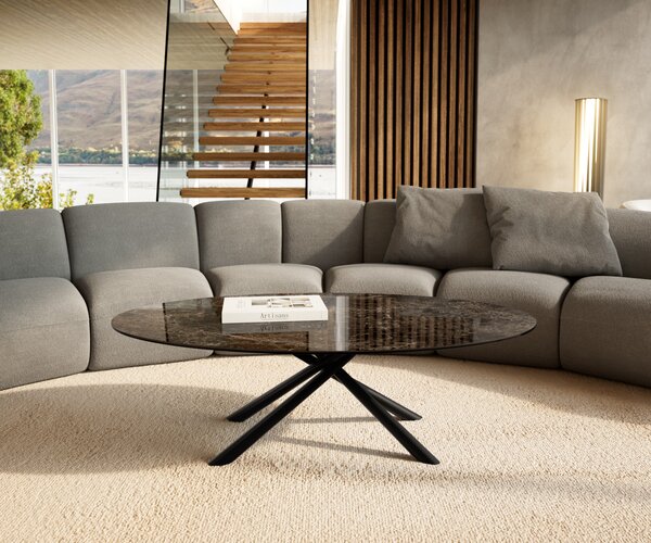 DELIFE Dohányzóasztal Edge ovális 140x80 cm kerámia Laminam® Emperador Extra Lucidato sötétbarna Sarity fém fekete