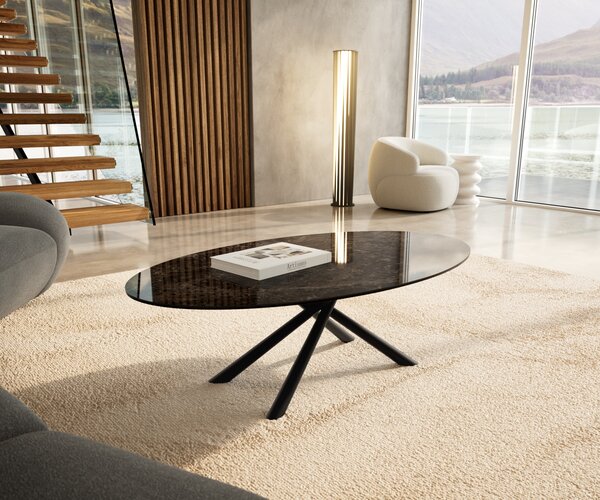DELIFE Dohányzóasztal Edge ovális 140x80 cm kerámia Laminam® Emperador Extra Lucidato sötétbarna Sarity fém fekete